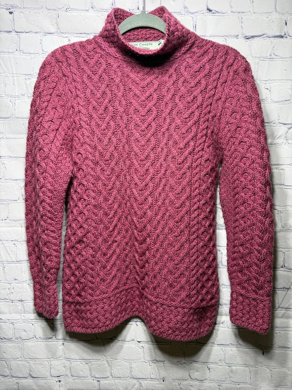 Aran Crafts Ireland Made Merino Wool Chunky High Neck Sweater Pink Sz M